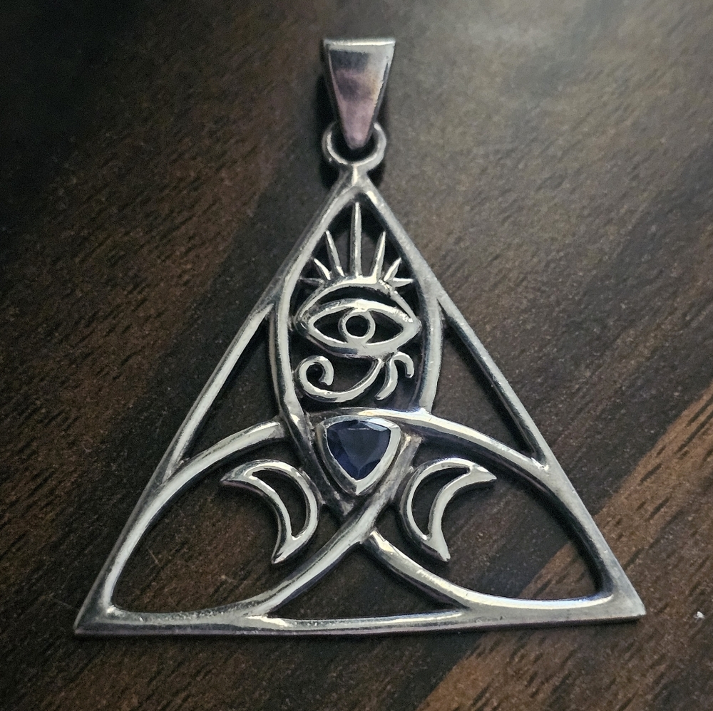Iolite Triangle Celtic Knot Eye of Horus Moon Pendant Sterling Silver